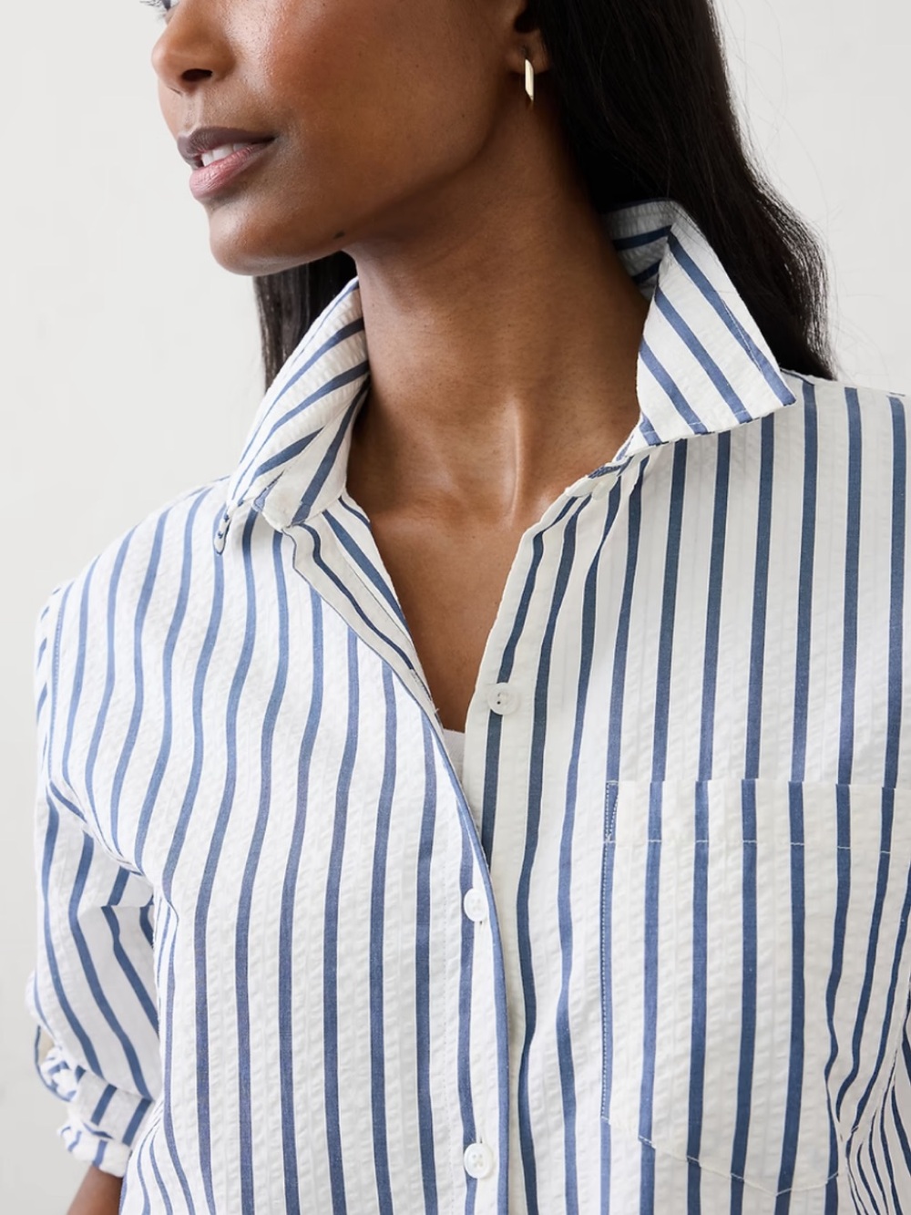Banana Republic Factory Blue and White Striped Seersucker Button-Down Shirt